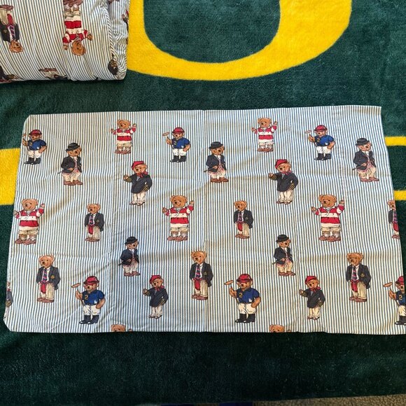 Ralph Lauren Polo Vtg Teddy Bear Blue Stripe Twin Comforter & 3 Pillow Cases - Picture 11 of 13